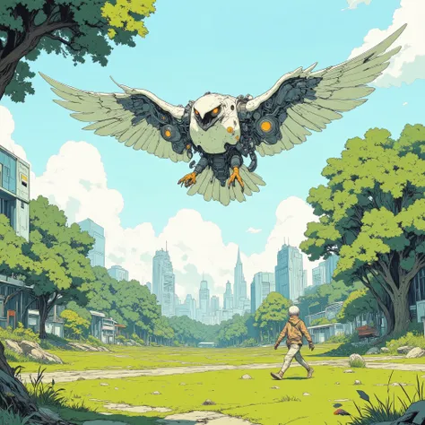 (masterpiece, best quality), illustration, (a highly detailed tiny hawk-shaped robot flying close:1.2), a wide open park with green grass and trees, a boy in light casual clothing with wearable gadgets running beside it, daytime, relaxed atmosphere, soft n...
