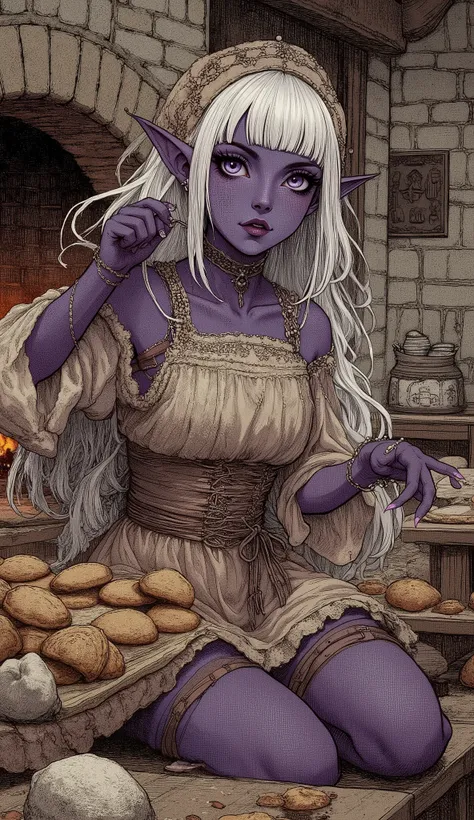 (The fusion of ukiyo-e and dark fantasy. Aesthetic, gothic-style digital art. Detailed facial rendering. Two female elves.) BREAK
(Translucent white hair. Straight-across bangs. White eyebrows. Long white eyelashes. Almond-shaped eyes. Lavender-colored ir...