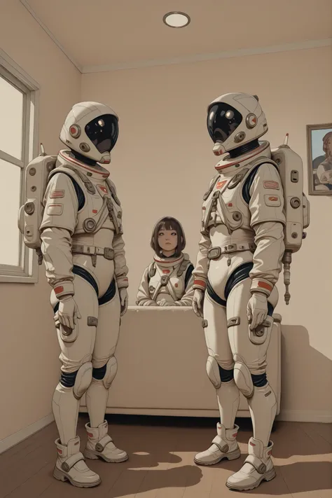 High Quality、greatest masterpiece、Ultra High Definition、future share house where girls in the rebellious period live、Girls standing behind looking out of a large living room window、outside the window is space、height difference、Mr.々Personality Type、spacesui...