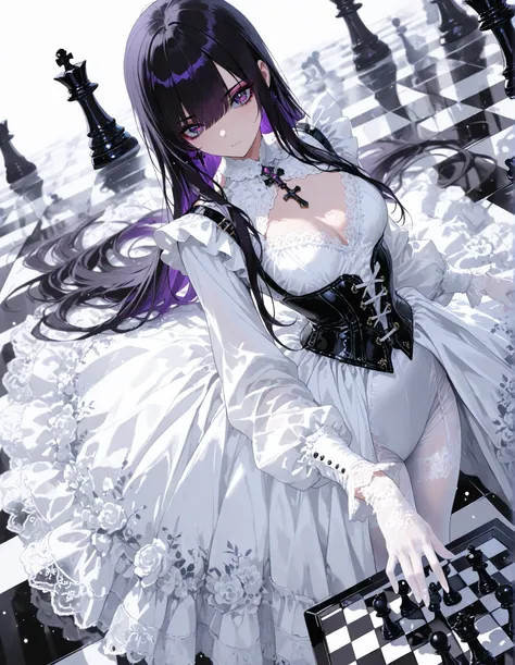 1 woman, sharp purple eyes , Multi Colored Eyes , hair between eyebrows , long side bangs , black hair with thin purple strands , very long hair , medium chest , is good, beautiful,standing
Solo, Victorian gothic, BREAK masterpiece, 非常にdetails, big eyes, d...