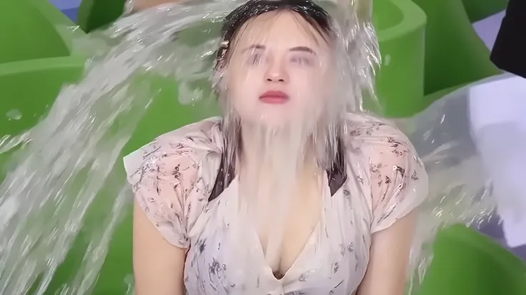 Beautiful young 18-year-old model with long pale blonde hair, cream floral dress with puff sleeves, drenched in cascading water, crystalline rivulets streaming down face, false eyelashes and sparkly eyeshadow visible through water streams, glossy lipstick,...