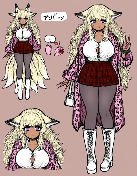(masterpiece), best quality, 1girl, perfect face,curvy body,(cute face), gyaru girl,huge round breasts,wide hips,thick thighs, tight buttons shirt,pudgy belly,pink furs long coat, leopard print coat ,Button shirt gap, red plaid skirt, wrist scrunchie, long...