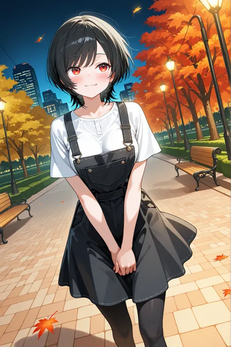 NSFW, 1girl, solo, character focus, close to viewer, dutch angle, dynamic angle, night time, urban area, park, building, tree-lined avenue, autumn leaves, Illuminated trees, [[street light]], [bench], The wind is blowing, v arms, walking, (looking up), (lo...