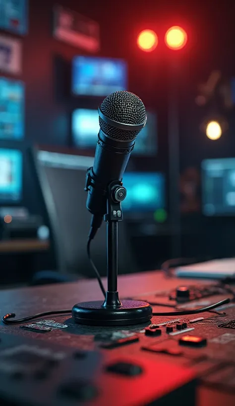 Radio show desk in long shot with professional microphone and stand on it from the front