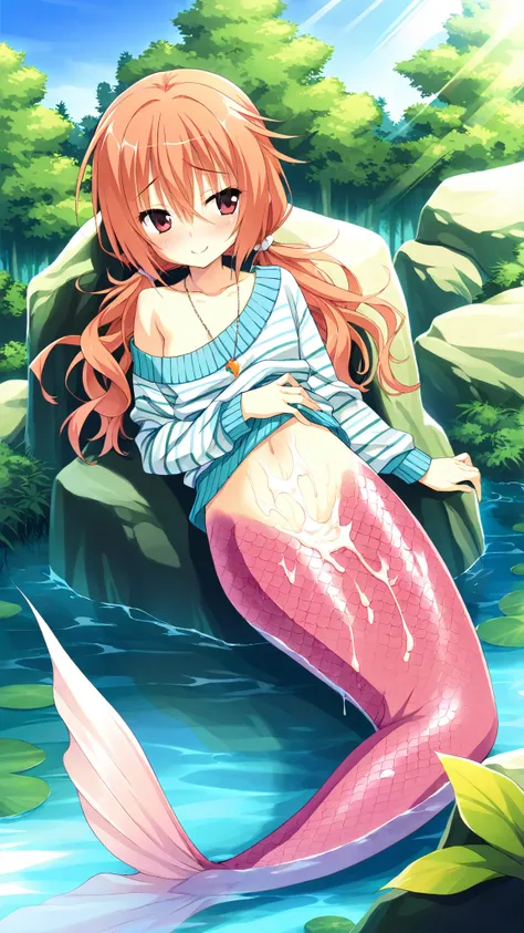 masterpiece after sex,is the best quality,amazing quality,Game CG, inaba meguru,meguru_daily,long hair,orange hair ,red eyes,
Low Ponytail,  Jewelry Necklaces,Striped sweater,sleeve covers the wrist,Off Shoulder,Mermaid,cute,The lower half of the body is a...