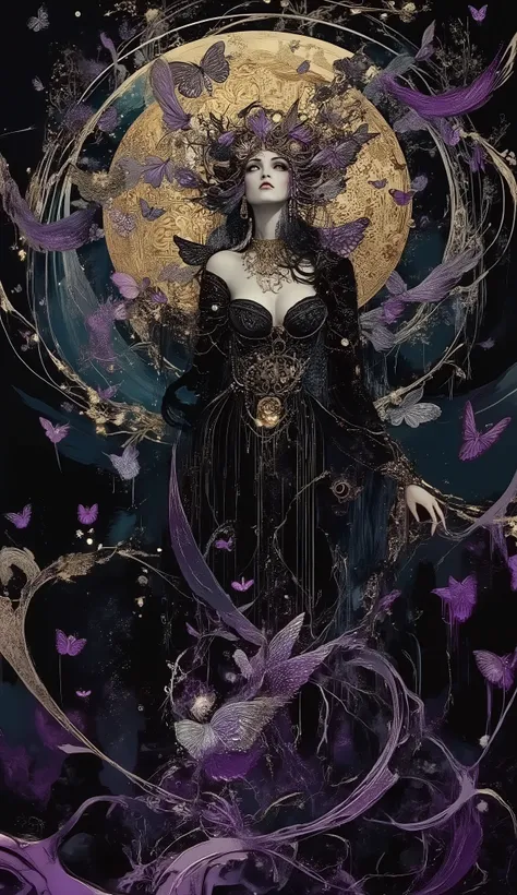 Masterpiece, photorealistic surreal shot of a stunning goddess of darkness and shadow, statuesque and sensationally beautiful as only living gods can be, erotic sexiness cut from living night, a face of loveliness and terror, large amazing breasts, and a b...