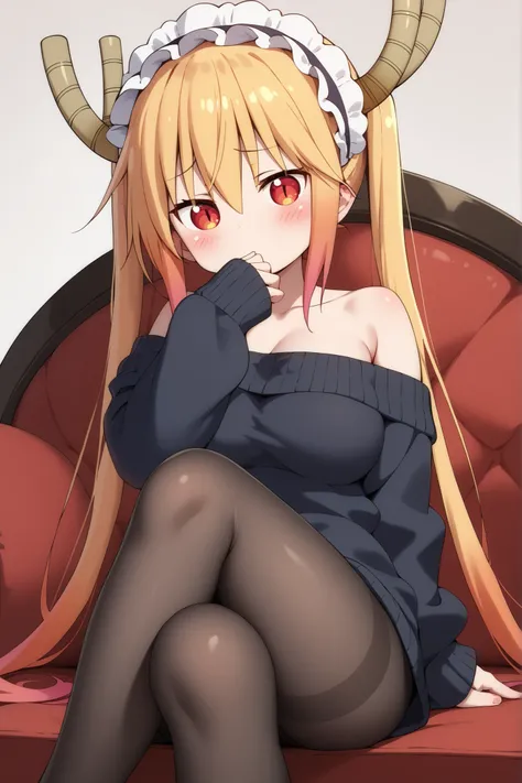 Tohru, blond hair,Red Eyes ,blushing, big boobs,short red off-the-shoulder sweater, black pantyhose ,sitting on a black armchair