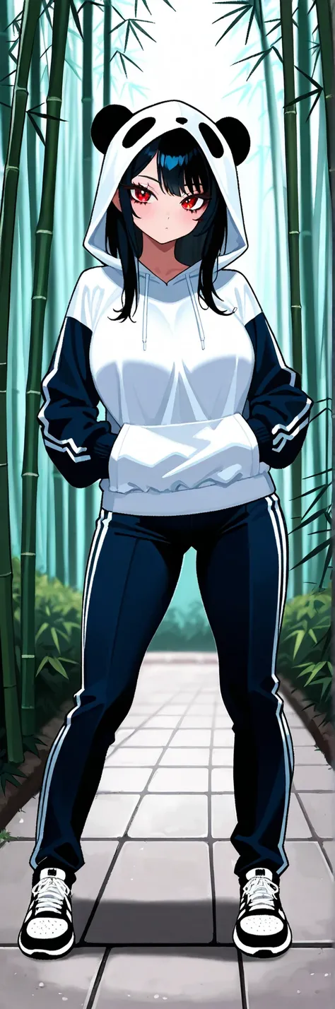 1girl,
score_9, IMG_1963.HEIC, absurdres,
white-blue-black, pastel,
depth_of_field, deep_contrast,
erotic_style,

from_front, full_body,

short_stature, well_proportioned, voluptuous, perkytits,

panda_hood, white_buggy_hoodie, black_trackpants, black_snea...