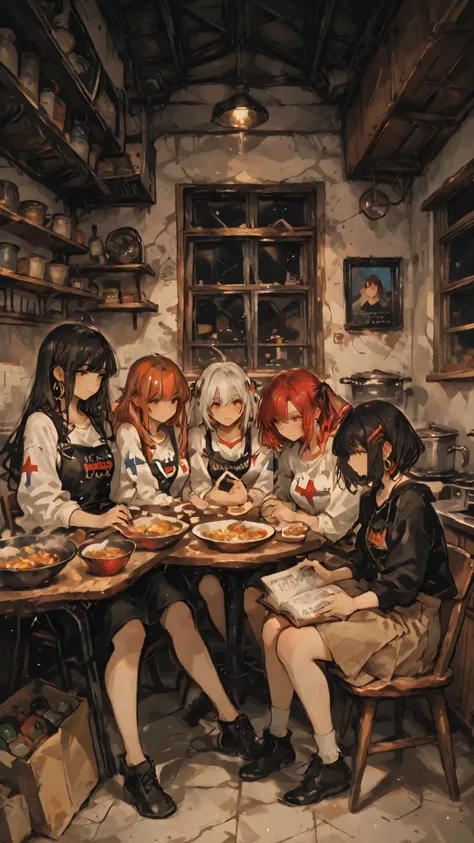 Starpiece, An elaborate depiction of a complex community of young women in the rebellious period living while sharing unique values in a small, old share house,  dyed hair、earrings、tattoo、visual harmony of diverse women who express themselves with unique a...