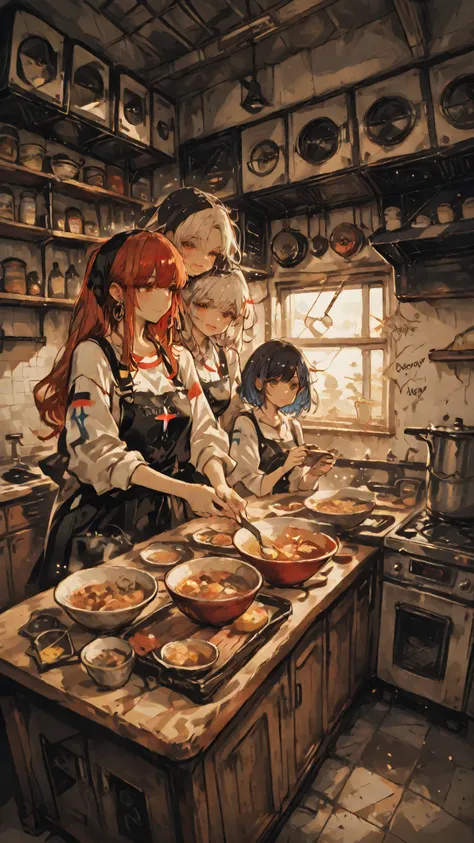 Starpiece, An elaborate depiction of a complex community of young women in the rebellious period living while sharing unique values in a small, old share house,  dyed hair、earrings、tattoo、visual harmony of diverse women who express themselves with unique a...