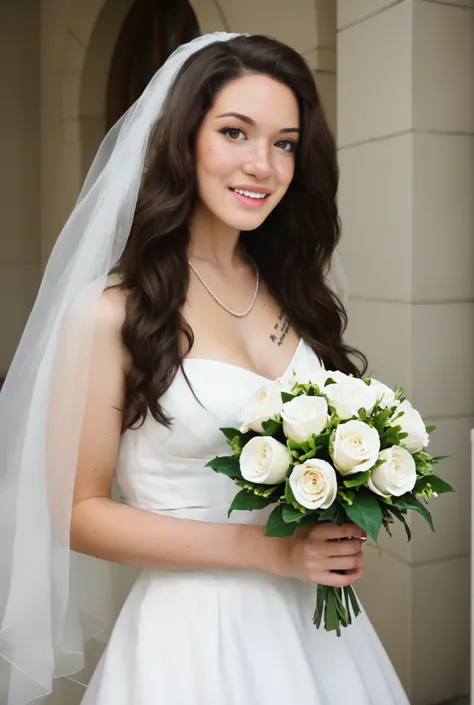 (masterpiece, best quality:1.3), (photorealistic), (realistic face), love_hazal, long wavy dark chestnut hair, hazel eyes with olive hue, almond eye shape, oval face, full lower lip, natural freckles, warm golden beige skin tone, B cup, wedding dress, hold...