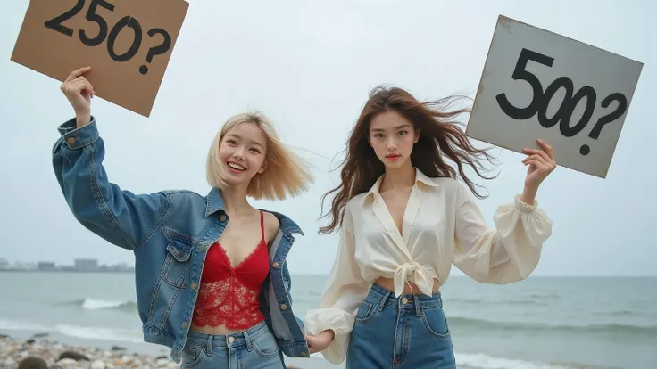 Photorealistic 8K low-angle view of two women with clearly separated styles standing dynamically on a seaside promenade against the ocean: foreground left is a 16-17-year-old Japanese girl with blonde bob haircut, expressive brown almond eyes crinkled in m...