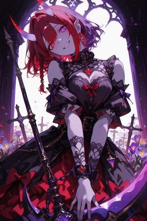 Bright eyes, wide smile, glowing horns, vibrant colors, silhouette, insane, dark art, madness, yandere, ((purple and red eyes)), ((purple and red eyes)), ((heterochromatic iris))、expressive, female, young female, pinkish-gray skin, The image shows an indiv...