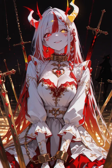 Bright eyes, wide smile, glowing horns, vibrant colors, silhouette, insane, dark art, madness, yandere, ((Yellow and red eyes)), ((Yellow and red eyes)), ((Heterochromatic iris))、expressive, female, young female, pinkish-gray skin, The image shows an indiv...