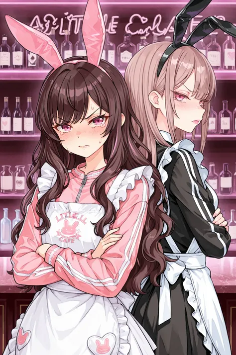 Highest Quality, high resolution, 2 cafe girls, Long Lashes, Lip Gloss, (two girls in conflict, back to back, maid cafe costume, jersey, white apron, black bunny ears,) girl A:(little girl, slim figured, pink eyes, brown long wavy hair, tears) girl B:(bla...