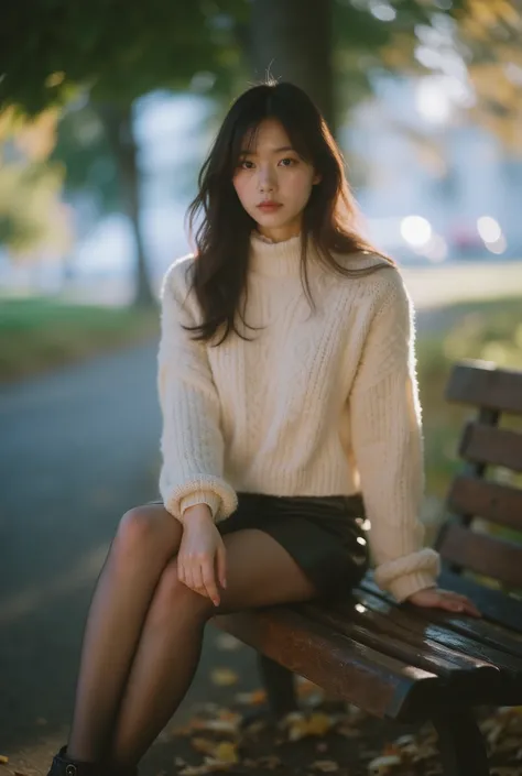 /imagine prompt: Autumn park bench beside a leaf-strewn path, dappled golden foliage :: Japanese female (20) :: seated with crossed legs, sensual confident gaze at camera :: cable-knit sweater, black leather mini skirt, sheer tights, ankle boots :: no coat...