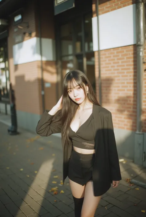 /imagine prompt: (huge breasts:1.5),Afternoon urban street corner, clean brick facade and soft breeze, fallen leaves skimming the curb, full-length framing (plan entier) :: Asian adult woman (23) :: idol-like face, reminiscent of BLACKPINK Jennie (public f...
