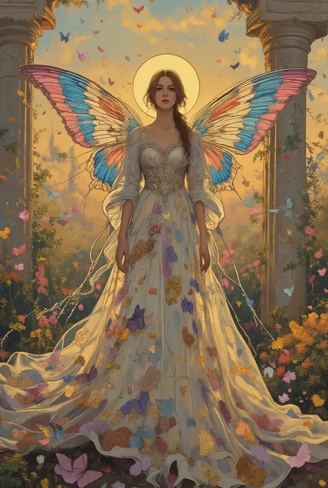 baroque painting style, full body of an ethereal angel with large iridescent butterfly wings in shades of sapphire, amethyst, and gold, wearing an ornate, colorful gown inspired by butterfly patterns and delicate flowers, detailed embroidery, flowing trans...
