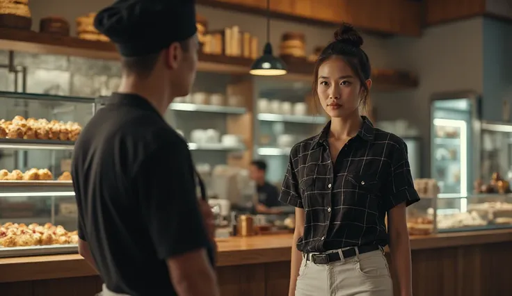 A 21-year-old Vietnamese girl with fair skin, an oval delicate face, and dynamic high-bun hair (consistent with the character Ngọc). She wears a black plaid shirt tucked into tight white jeans, accentuating her tall, slim figure and radiant skin. She stand...