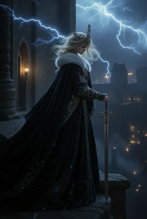 A medieval queen stands tall on the stone battlements of her castle as a thunderstorm rages. Her heavy velvet gown and fur-lined cloak whip around her in the howling wind, rain lashing her face. She grips the parapet with one hand, the other clutching a je...