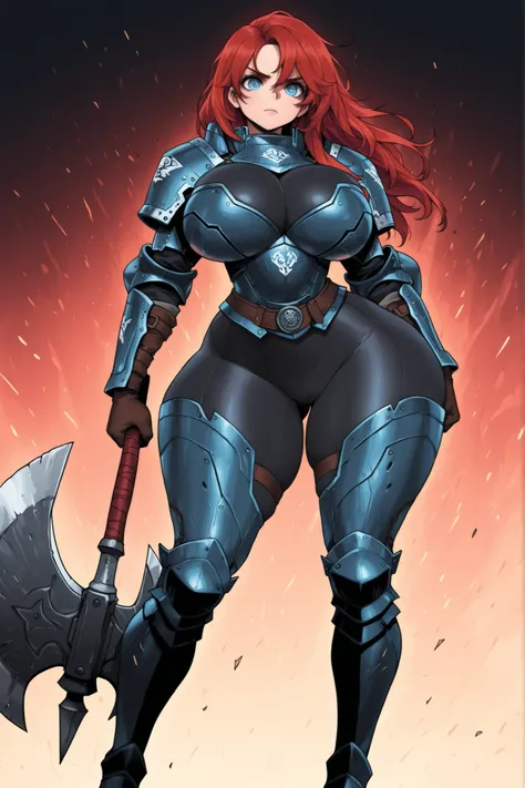 Masterpiece, top quality, a girl, the latest, vibrant, very aesthetic, high contrast, detailed eyes, HD eyes, wild warrior, blue eyes, red hair, big breasts, wide hips, strong legs, trivial combat armor, large axe.