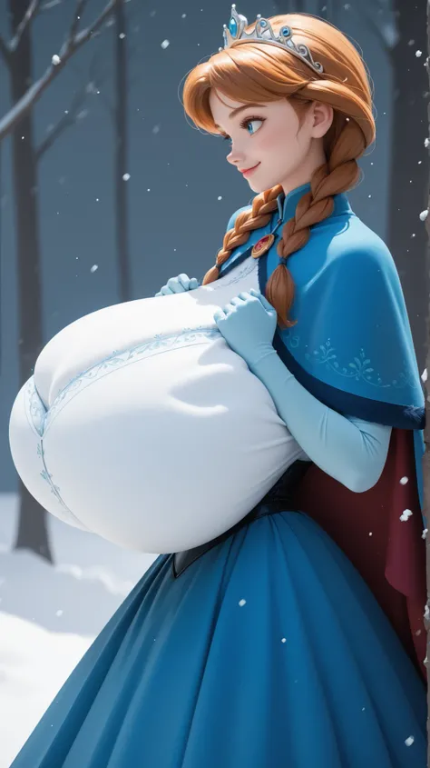 Disney Princess Anna with gigantic breasts, ((((((gigantic breasts)))))), (breast squeeze), (from side), AnnaXLP, blue dress, long skirt, elbow gloves, cape, capelet, corset, twin braids, facing left, smile, portrait, winter background, (((fully clothed)))