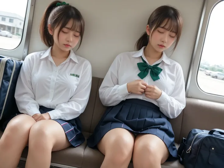 ((2girls)) in train, face look down, (Japanese girls), perfect face, highly detailed skin, best quality, very detailed face in, vibrant colors, ((Curvaceous body)), sleeping, close eyes, Brown Hair, ((green gingham ribbon on chest)), black socks, dark plea...