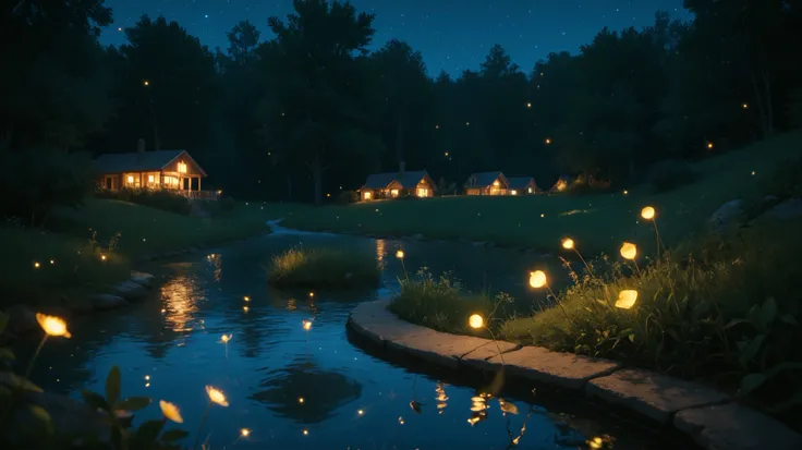 night, Firefly Night, countless fireflies glowing above water surface,