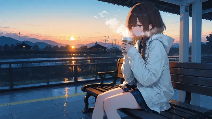 Motion Picture Art Illustrations, Platform at sunrise, person sitting on a bench, steam from hot coffee.