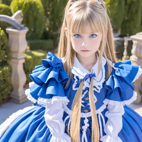 Highest Quality,4K,European Girl,10 years old,blonde long hair,blue eyes,Clothes with ruffles and bows
