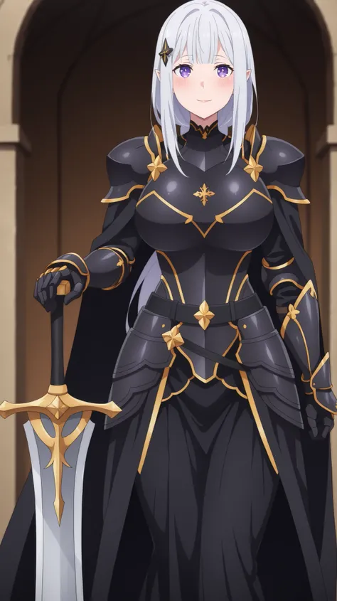 newest , masterpiece , anime screencap , anime coloring , adult ReZero, Solo, long dress, Satella, Anime, 1girl, Mature Female, pointy ears, hair ornament, blush, silver hair, long hair, closed mouth, light smile, lips, purple eyes, big breasts, view detai...