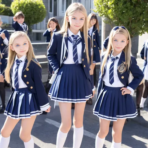 European girls,blue eyes,blonde long hair,10 years old,Black and white school uniform ,pleated skirt,