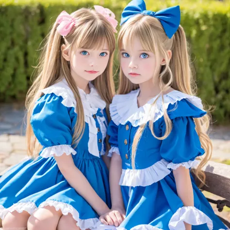 Highest Quality,4K,European Girl,10 years old,blonde long hair,blue eyes,Clothes with ruffles and bows