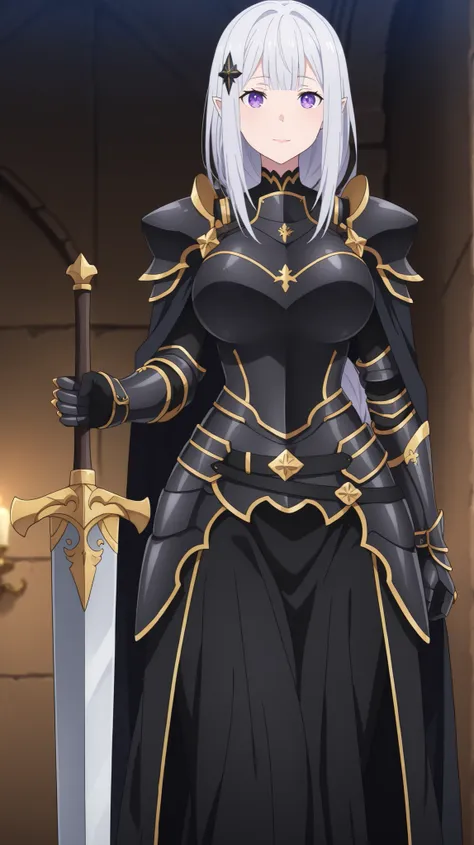 newest , masterpiece , anime screencap , anime coloring , adult ReZero, Solo, long dress, Satella, Anime, 1girl, Mature Female, pointy ears, hair ornament, silver hair, long hair, closed mouth, light smile, lips, purple eyes, big breasts, view detailed bod...