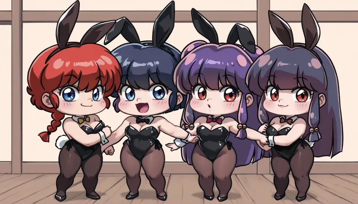 3 girls hugging, ranma 1/2 characters, (girl 1, Ranma Saotome, red hair, Hair with a braid, blue eyes, Pechos grandes), (Girl 2 , akane tendou (ranma 1/2), dark blue hair, simple short hair, ojos cafes, medium breasts), (Girl 3, Shampoo (ranma 1/2), purple...