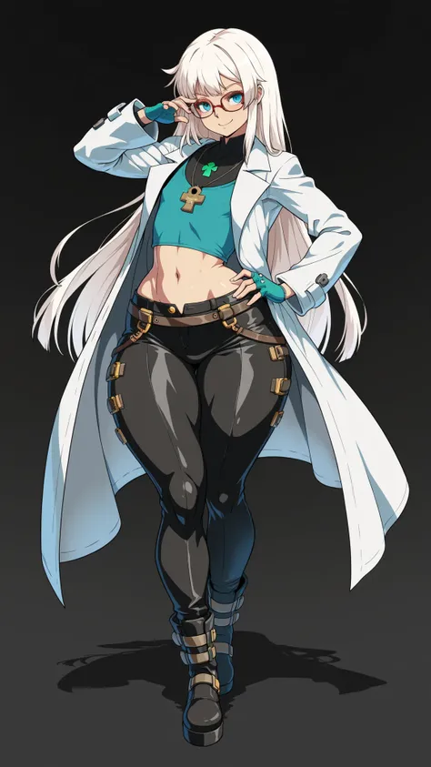 White background, femboy, 1male, petite, lithe body, flat chest, very long hair, white hair, blue eyes, wide hips, thick thighs, smile, glasses, white lab coat, blue undershirt, leather pants, black boots,, standing, posing, Guilty Gear Strive artstyle