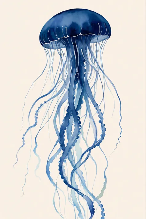 A minimal and fantastical watercolor illustration. Three to five abstract jellyfish are placed against a light background. The exceptionally long tentacles extending from each jellyfish create elegant vertical lines on the canvas. The jellyfish in the fore...