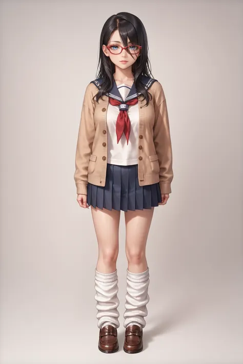 ((inspired by )),((inspired by Animation Style:1.5)),(masterpiece, best quality),beautiful, beautiful-woman, ((detailed face)).(full body:1.3)., 
((black hair)), glasses, blue eyes, long hair, over-rim eye-wear,semi-rimless eye-wear, between eyes .(red-fra...