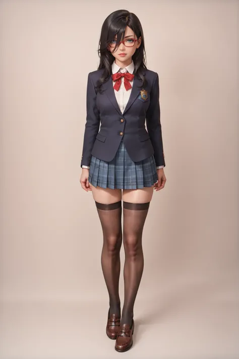 ((inspired by )),((inspired by Animation Style:1.5)),(masterpiece, best quality),beautiful, beautiful-woman, ((detailed face)).(full body:1.3).,
((black hair)), glasses, blue eyes, long hair, over-rim eye-wear,semi-rimless eye-wear, between eyes .(red-fra...