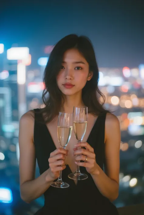 20 year old Japanese woman, beautiful face, elegant side-swept hair, slim figure, evening cocktail dress, champagne toast pose, sophisticated smile, luxury rooftop bar, city lights backdrop, evening atmosphere, 50mm lens, celebration composition, festive m...