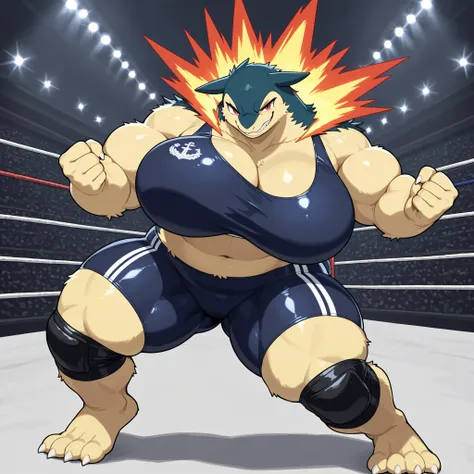 giant feral female typhlosion, solo, red eyes, evil grin, navy blue and beige fur, bulky massive, very giant body, big boobs, thick thighs, big feet, thick arms, strong fighting pose, wearing glossy rubber, black wrestling spandex, looking at viewer, full ...