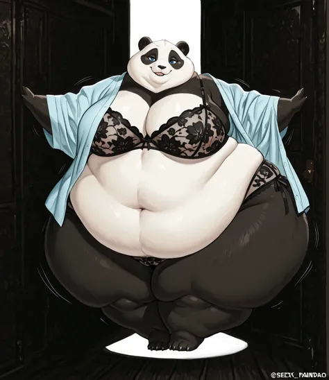 Thick thighs, wide and chubby hips. gpanda, panda, giant breasts, sexy pose, lingerie, Panda girl from back showing her huge obese butt, while looking towards the viewer, adorable anthropomorphic panda with seductive gaze and sensual pose, extremely obese...