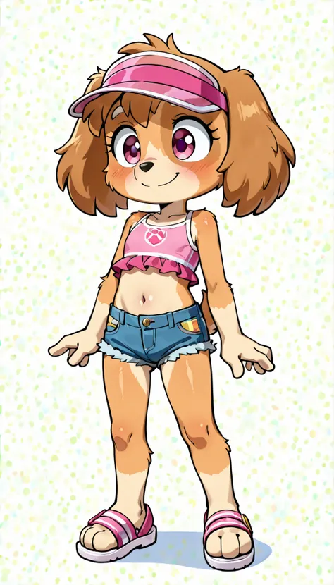 score_9, score_8_up, score_8, source_anime, source_furry, 1girl, solo, Skye(PP), dog, anthro, dog, furry, Cockapoo, pink eyes, golden-brown body fur, golden-brown hair, cute face, 4 fingers, ((pink visor cap, pink frilly tankini, midriff, denim shorts, san...