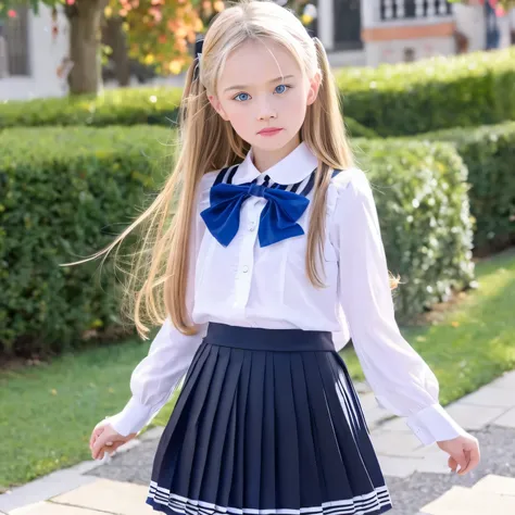 European Girls,blue eyes,blonde long hair,10 years old,Black and white school uniform ,blouse,Frills and Bow Decorations,pleated skirt,