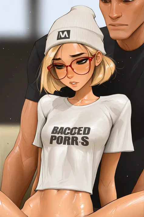 short hair, green eyes, blonde hair, red rimmed glasses, masterpiece, best quality, very aesthetic, movie quality, depth of field,soft saturation, focused subject, ,official style, mature woman, 1girl, dark eyeliner, high top beanie, shirow masamune, sa...