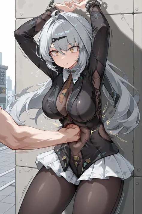 Masterpiece,best quality,highres,Super detailed,very detailed,highest quality,super detailed,high quality,high-definition,extremely detailed,absurdres,perfect lighting,outdoors,arms behind head,hanging all hands over head higher,hanging two hands over head...