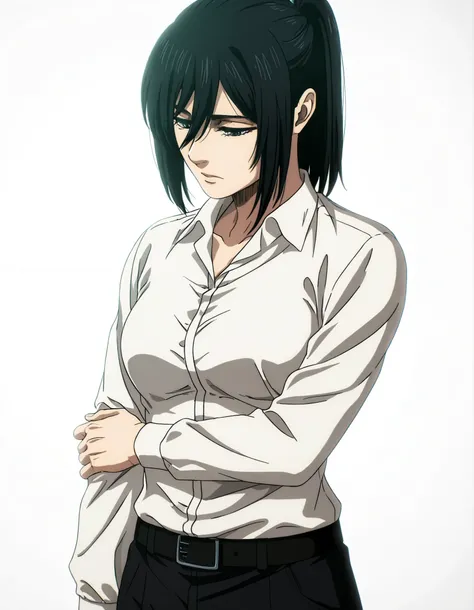 anime coloring, anime screencap, mikasa ackerman, 1girl, solo, medium hair, black hair, (high ponytail) ,looking down, closed mouth, white shirt, collared shirt, dress shirt, belt, black pants, standing, cowboy shot, holding own arm, white background, simp...