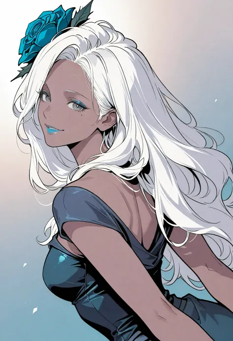 HDR, masterpiece, best quality, very aesthetic, (realistic:1.1), (flat color:1.5),
sharan, 1girl, solo, long hair, looking at viewer, smile, hair ornament, jewelry, upper body, white hair, flower, looking back, dark skin, hair flower,  mole, dark-skinned f...