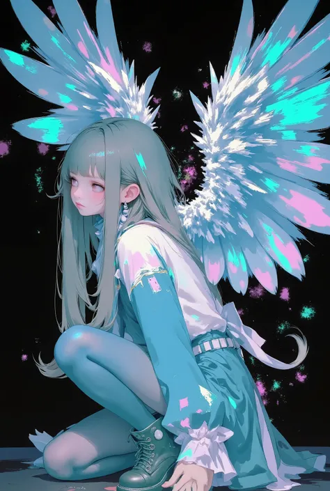 Painted in a dramatic chiaroscuro style、 Breathtakingly spiritual angels. A delicate afterglow wafts above them, Introspective pose, Have a knee、hanging its head. Glowing wings accentuate the radiance, The angels are blissfully curled up {X} crystal-li...