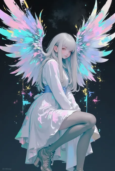 Painted in a dramatic chiaroscuro style、 Breathtakingly spiritual angels. A delicate afterglow wafts above them, Introspective pose, Have a knee、hanging its head. Glowing wings accentuate the radiance, The angels are blissfully curled up {X} crystal-li...